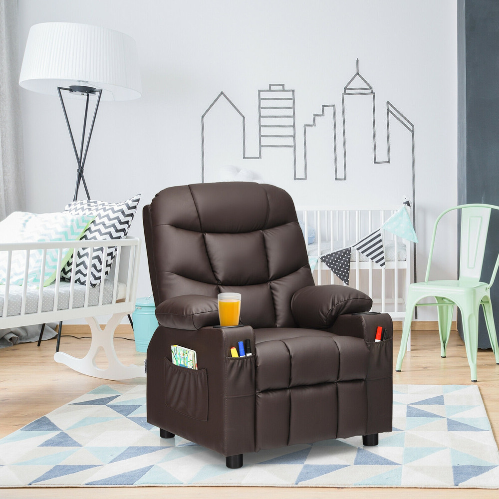 Premium Kids Recliner Chair With Cup Holder And Footrest PU Leather Toddler Lounger With Storage Po 5