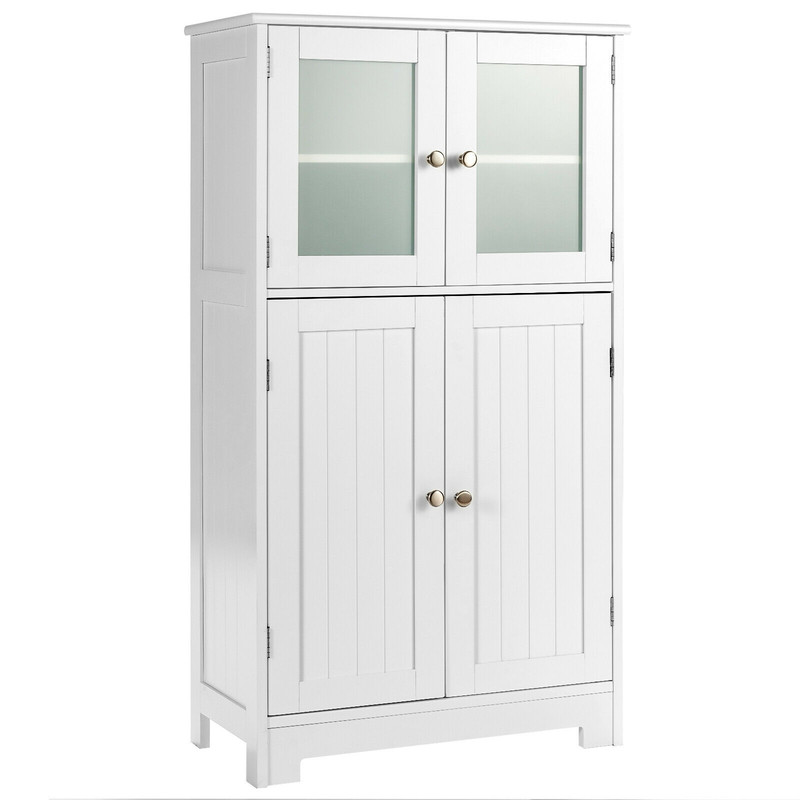 Freestanding Bathroom Floor Storage Cabinet With Glass Doors And Adjustable Shelf Tall MDF Organize 0