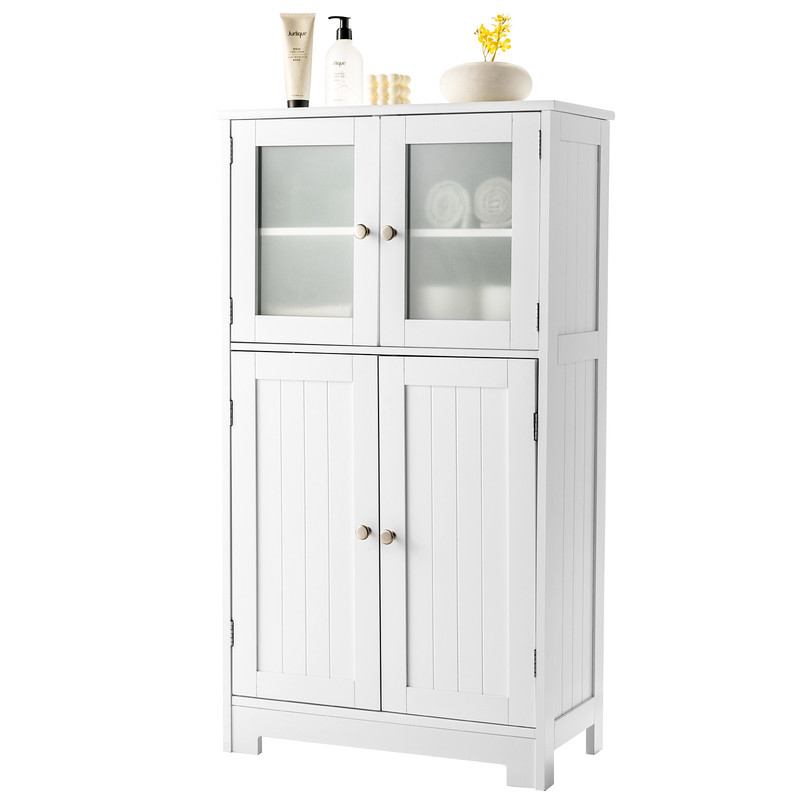 Freestanding Bathroom Floor Storage Cabinet With Glass Doors And Adjustable Shelf Tall MDF Organize 7