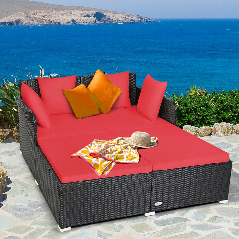 Luxury Red Outdoor Rattan Daybed With Cushions Pillows Spacious Patio Lounge Sofa For Backyard Po 1