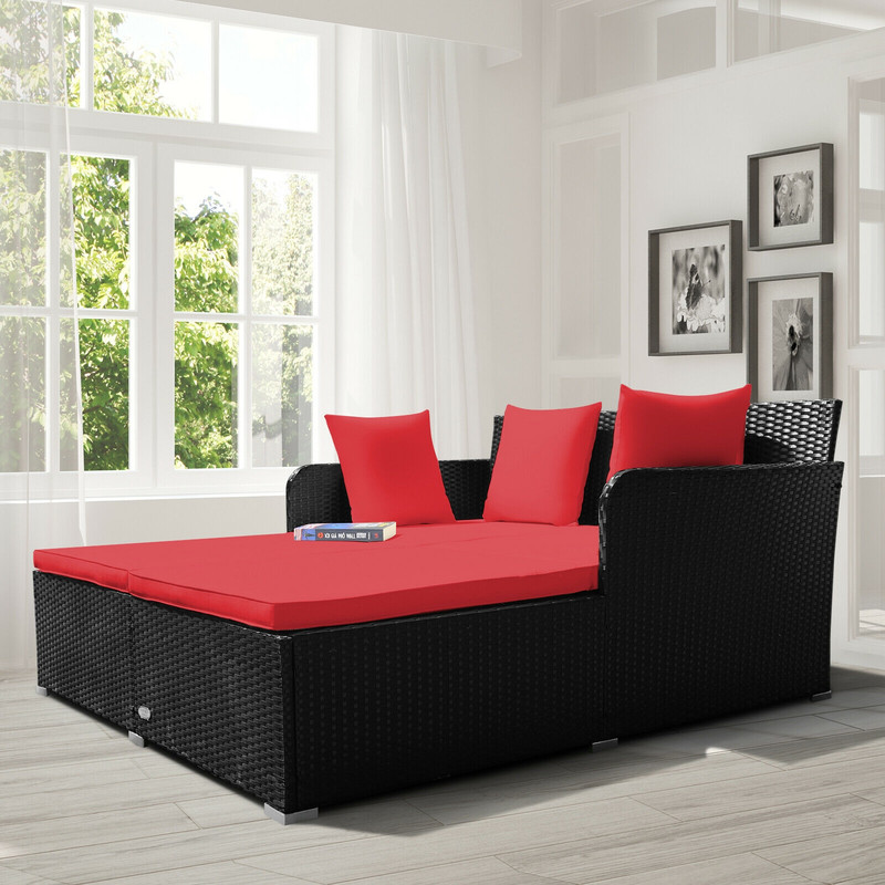 Luxury Red Outdoor Rattan Daybed With Cushions Pillows Spacious Patio Lounge Sofa For Backyard Po 2