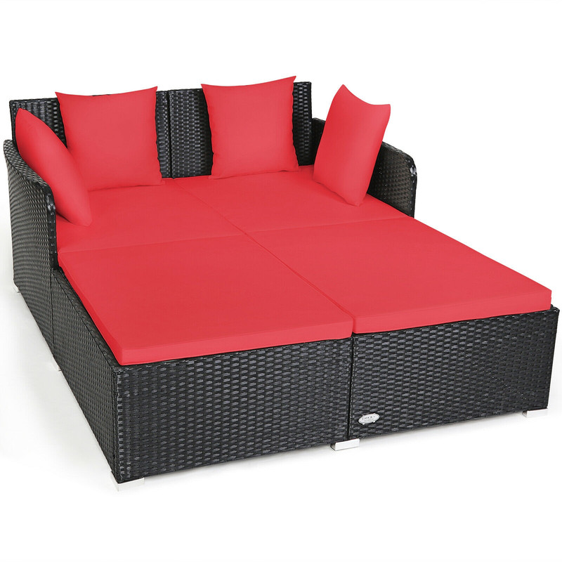 Luxury Red Outdoor Rattan Daybed With Cushions Pillows Spacious Patio Lounge Sofa For Backyard Po 0