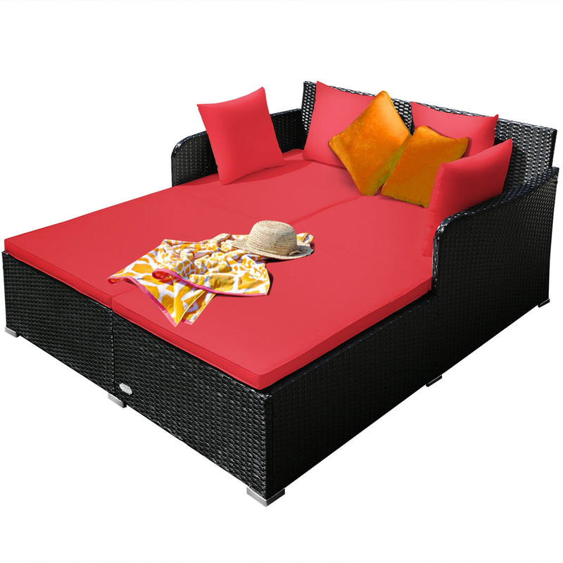 Luxury Red Outdoor Rattan Daybed With Cushions Pillows Spacious Patio Lounge Sofa For Backyard Po 5
