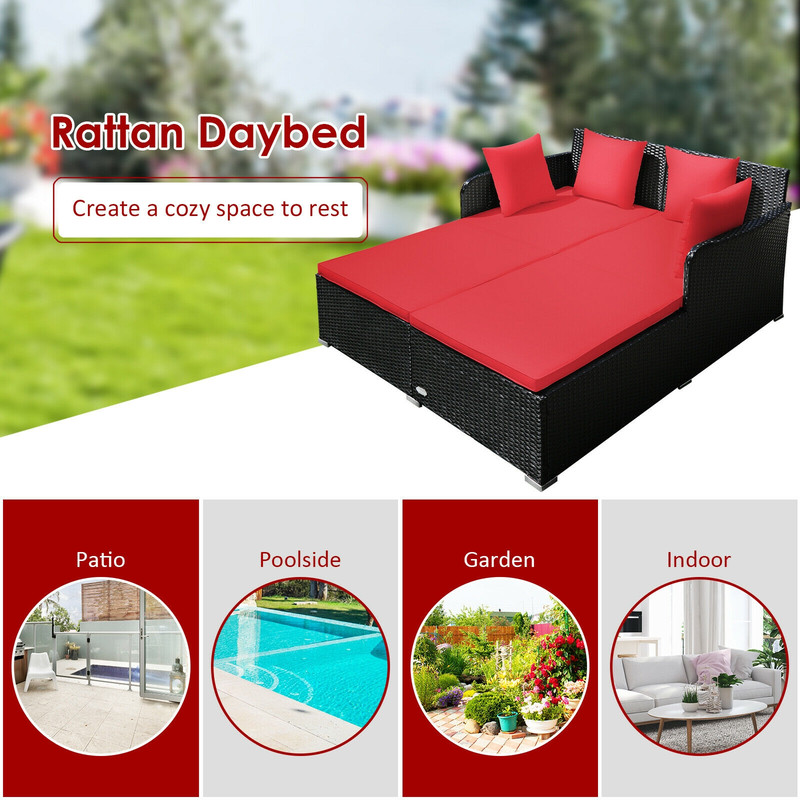 Luxury Red Outdoor Rattan Daybed With Cushions Pillows Spacious Patio Lounge Sofa For Backyard Po 3