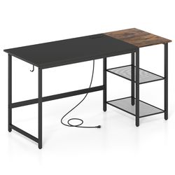 modern industrial computer desk with tier bookshelf, power strip & metal frame, ideal for home office or gaming