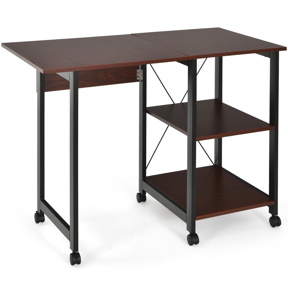 Folding Writing Office Desk With Storage Shelves SpaceSaving Computer Table With Wheels And Bookshe 0
