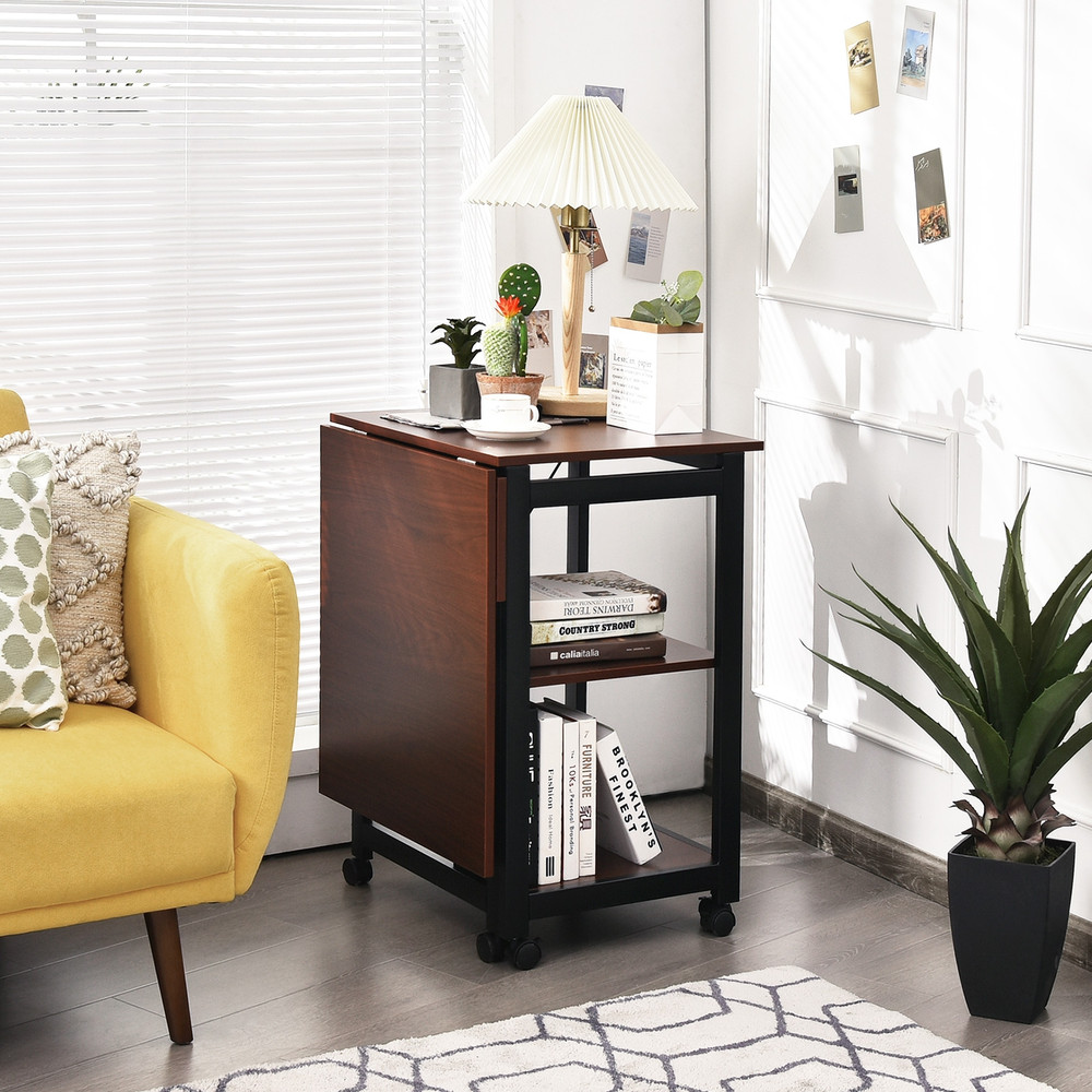 Folding Writing Office Desk With Storage Shelves SpaceSaving Computer Table With Wheels And Bookshe 4