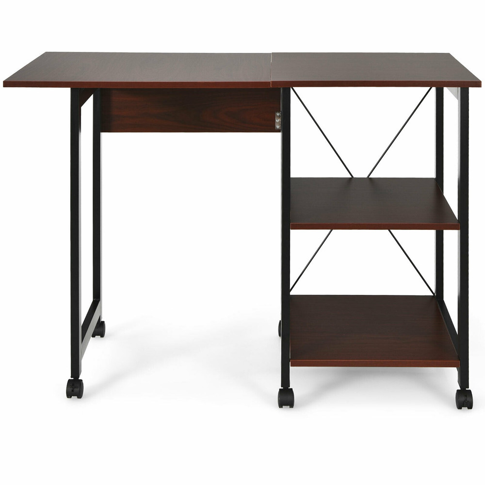 Folding Writing Office Desk With Storage Shelves SpaceSaving Computer Table With Wheels And Bookshe 7