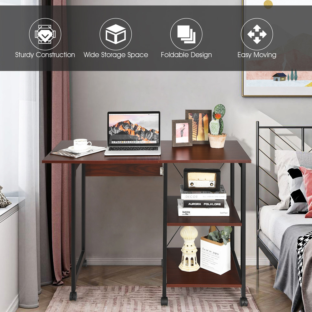 Folding Writing Office Desk With Storage Shelves SpaceSaving Computer Table With Wheels And Bookshe 3