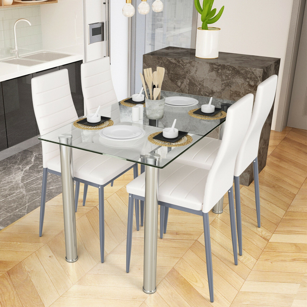 Modern Dining Set With 4 PVC Leather Chairs Tempered Glass Table And Steel Frame For Kitchen Or Sma 1