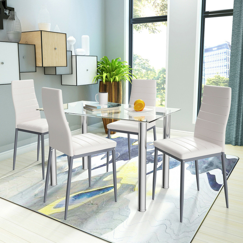 Modern Dining Set With 4 PVC Leather Chairs Tempered Glass Table And Steel Frame For Kitchen Or Sma 2