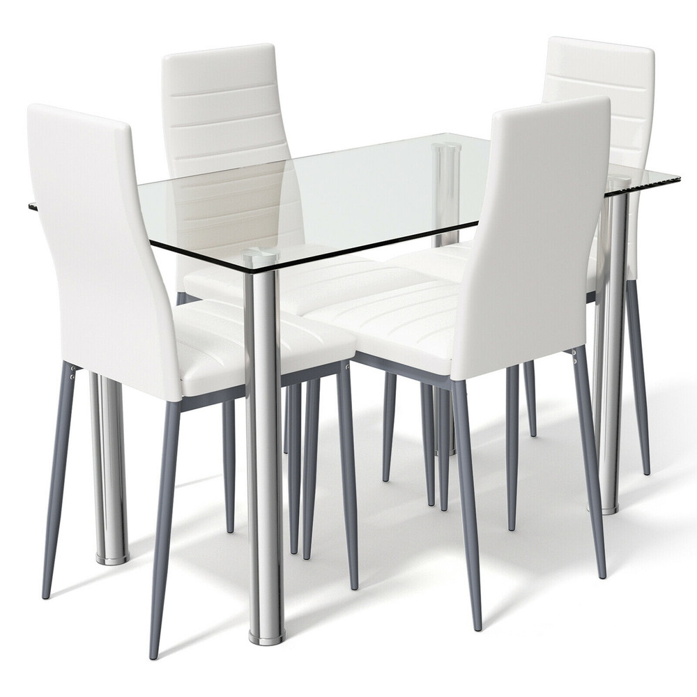 Modern Dining Set With 4 PVC Leather Chairs Tempered Glass Table And Steel Frame For Kitchen Or Sma 0