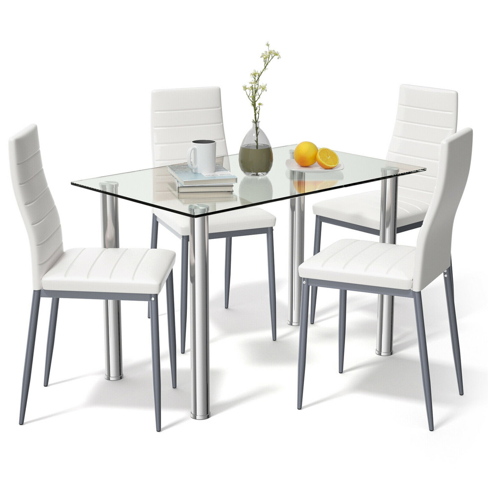 Modern Dining Set With 4 PVC Leather Chairs Tempered Glass Table And Steel Frame For Kitchen Or Sma 7