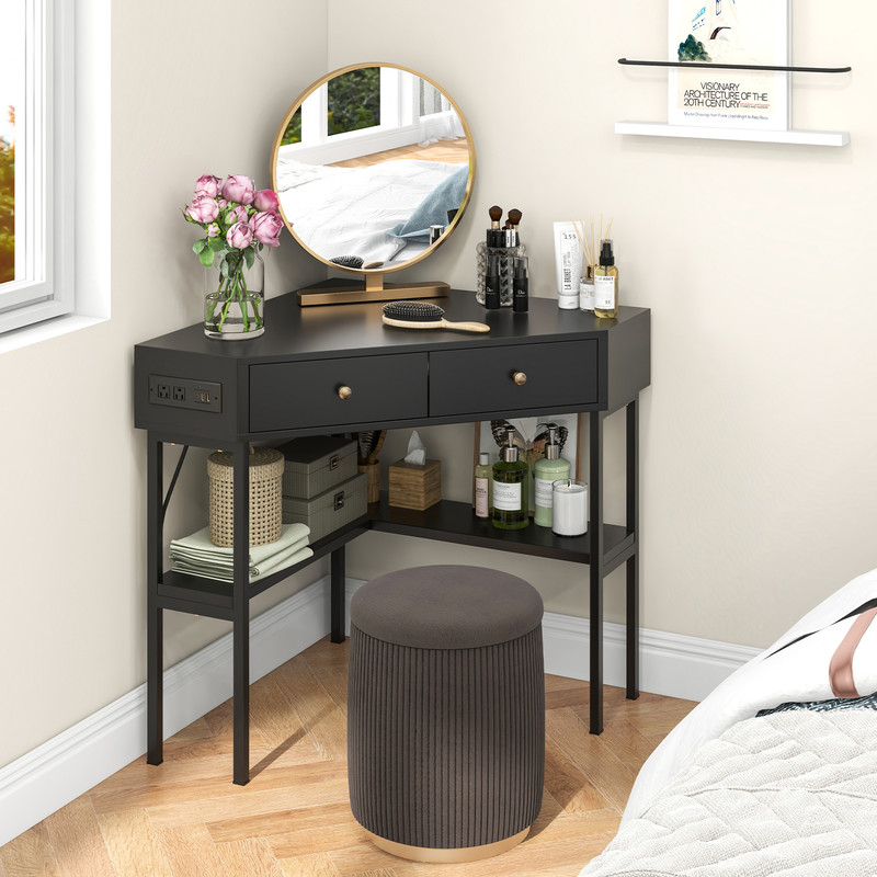 Triangle Corner Desk with Charging Station Compact Space-Saving Design with 2 Drawers & Storage Shelf