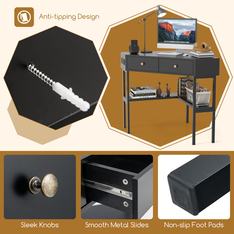 Triangle Corner Desk with Charging Station Compact Space-Saving Design with 2 Drawers & Storage Shelf