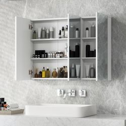 36" frameless bathroom wall mounted mirror cabinet with 3 doors & adjustable shelves