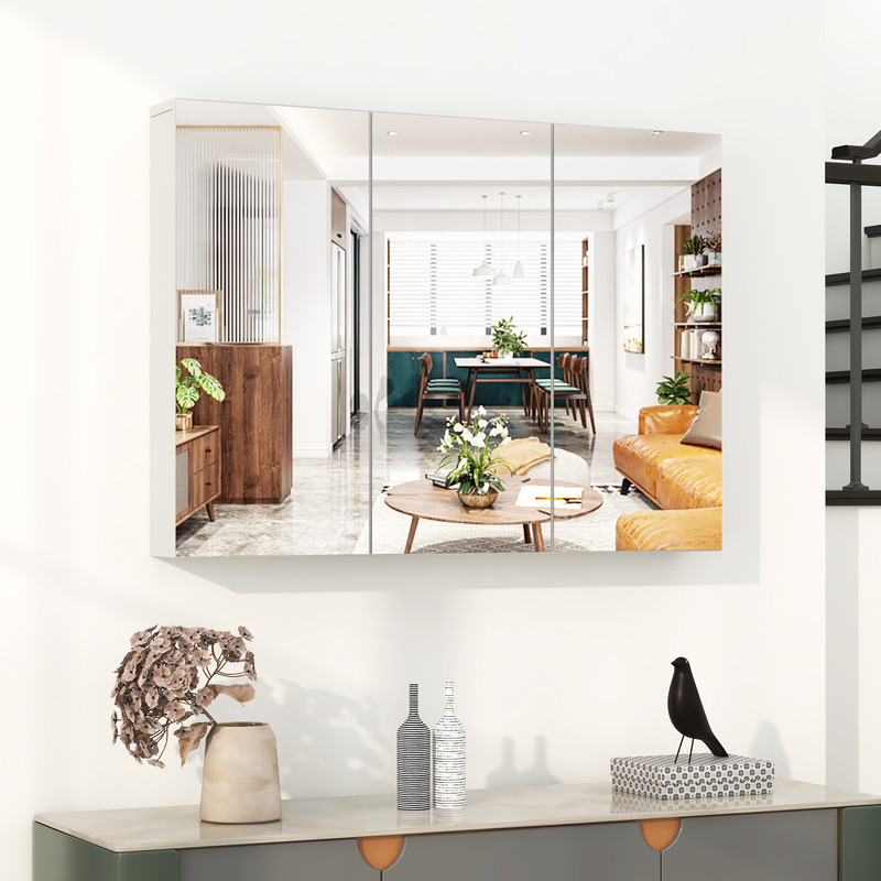 36 Frameless Bathroom Wall Mounted Mirror Cabinet With 3 Doors  Adjustable Shelves 6