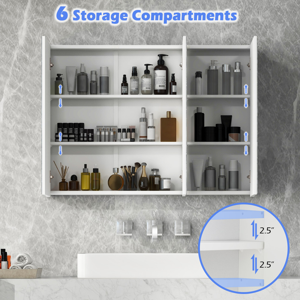 36 Frameless Bathroom Wall Mounted Mirror Cabinet With 3 Doors  Adjustable Shelves 2