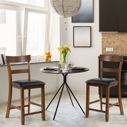 2-piece counter height chair set with leather seat & sturdy rubber wood legs