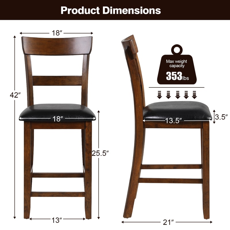 2Piece Counter Height Chair Set With Leather Seat Sturdy Rubber Wood Legs 3