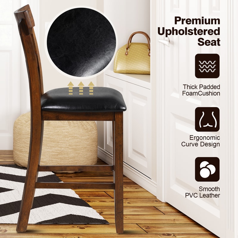2Piece Counter Height Chair Set With Leather Seat Sturdy Rubber Wood Legs 2