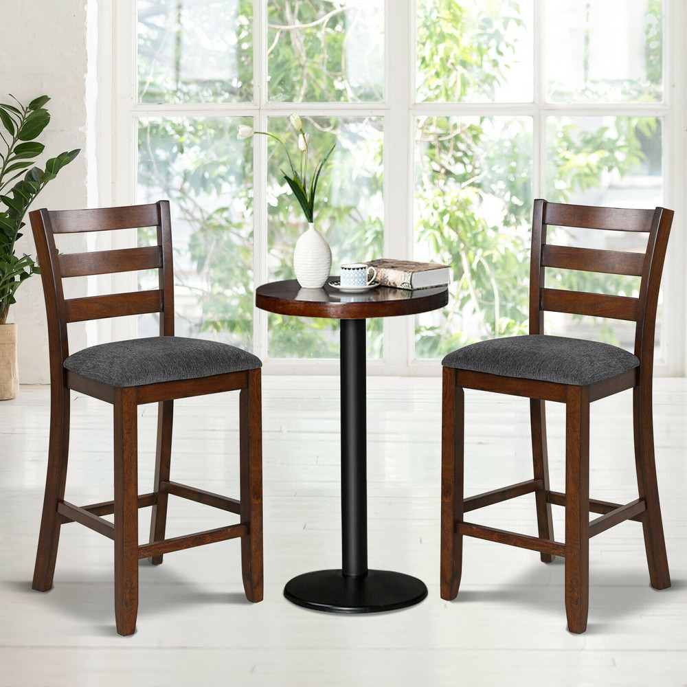 2 Pieces Counter Height Chairs With Fabric Seat  Rubber Wood Legs Retro Kitchen  Bar Stools 1