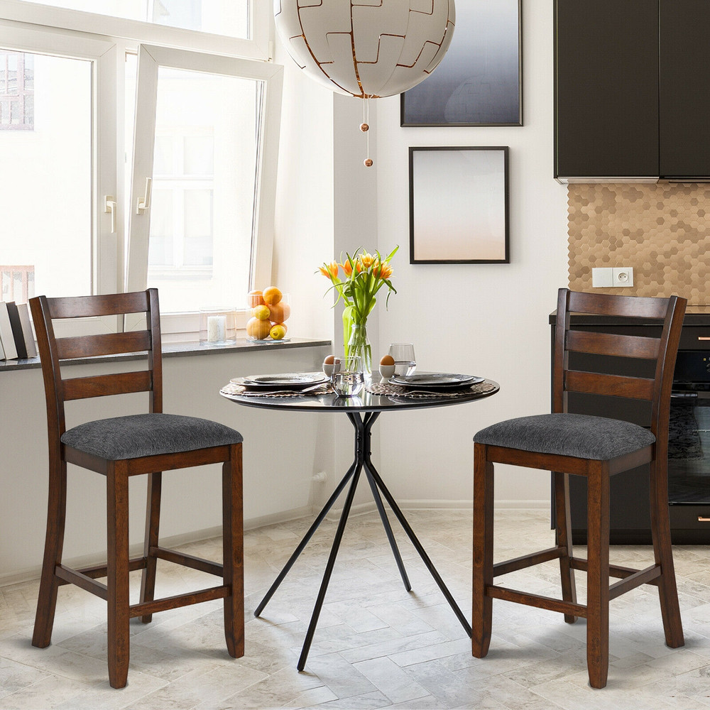 2 Pieces Counter Height Chairs With Fabric Seat  Rubber Wood Legs Retro Kitchen  Bar Stools 0