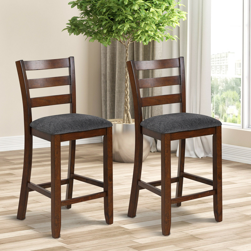 2 Pieces Counter Height Chairs With Fabric Seat  Rubber Wood Legs Retro Kitchen  Bar Stools 5