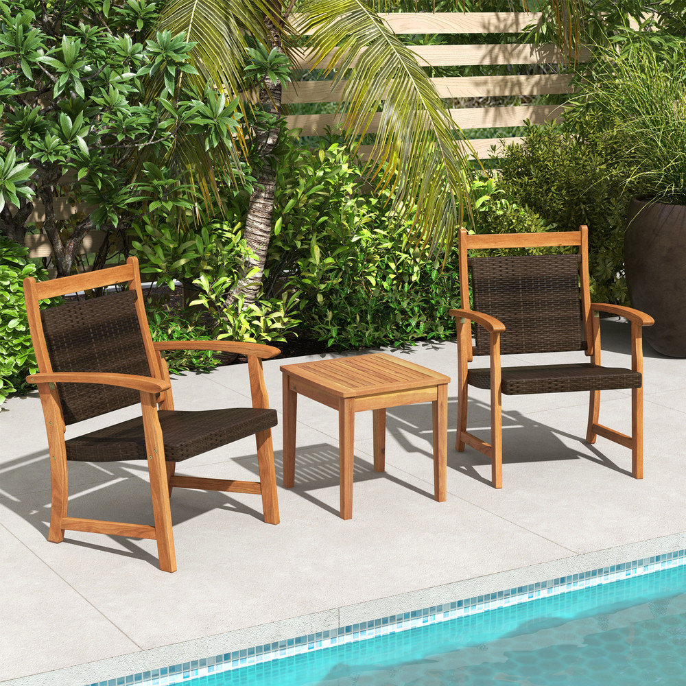 Acacia Wood Frame Rattan Bistro Set 3Piece Garden Patio Conversation Set 0