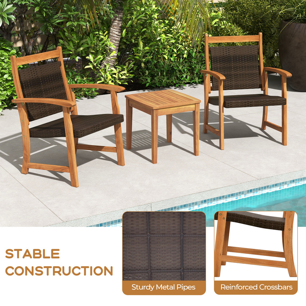 Acacia Wood Frame Rattan Bistro Set 3Piece Garden Patio Conversation Set 3
