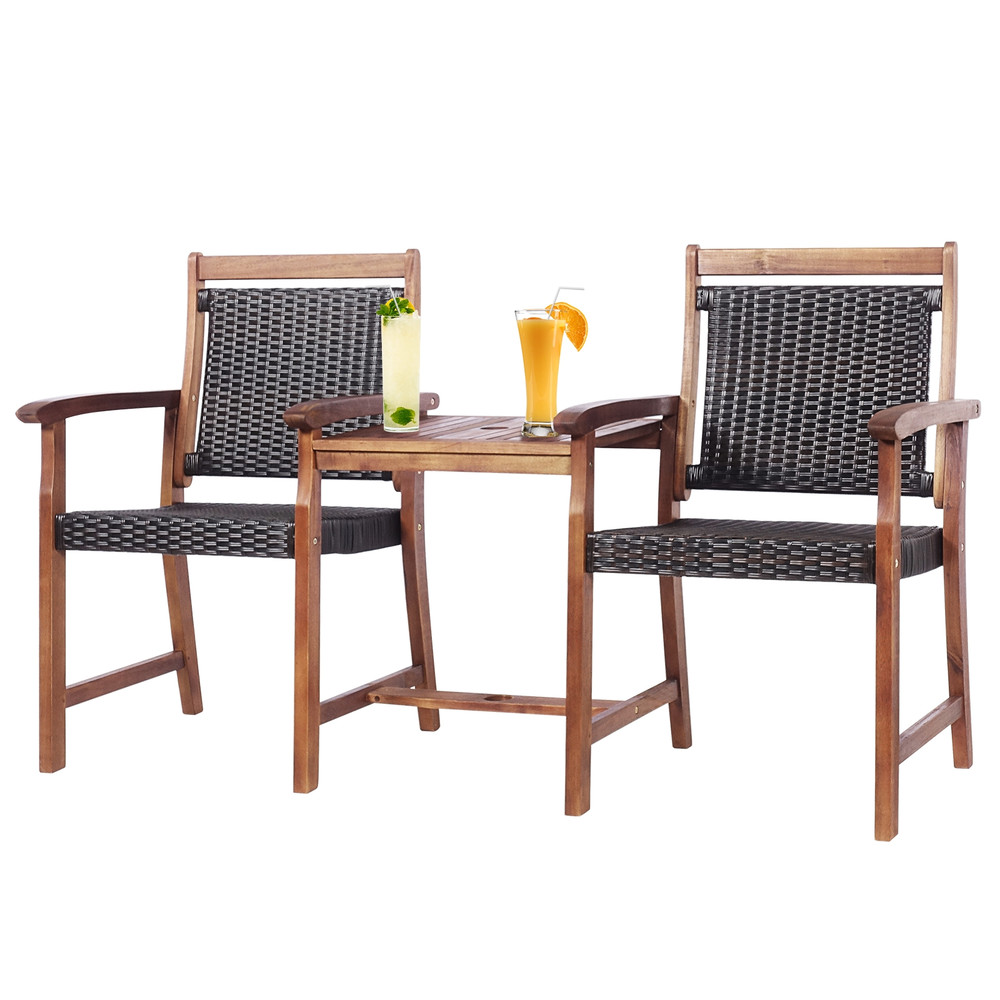 2Seat Patio Rattan Acacia Wood Chair With Coffee Table Outdoor Loveseat Bench 4