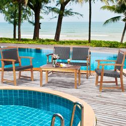 4-piece outdoor patio rattan furniture sofa set with acacia wood frame, durable & stylish