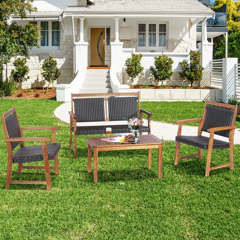 4Piece Outdoor Patio Rattan Furniture Sofa Set With Acacia Wood Frame Durable  Stylish 1