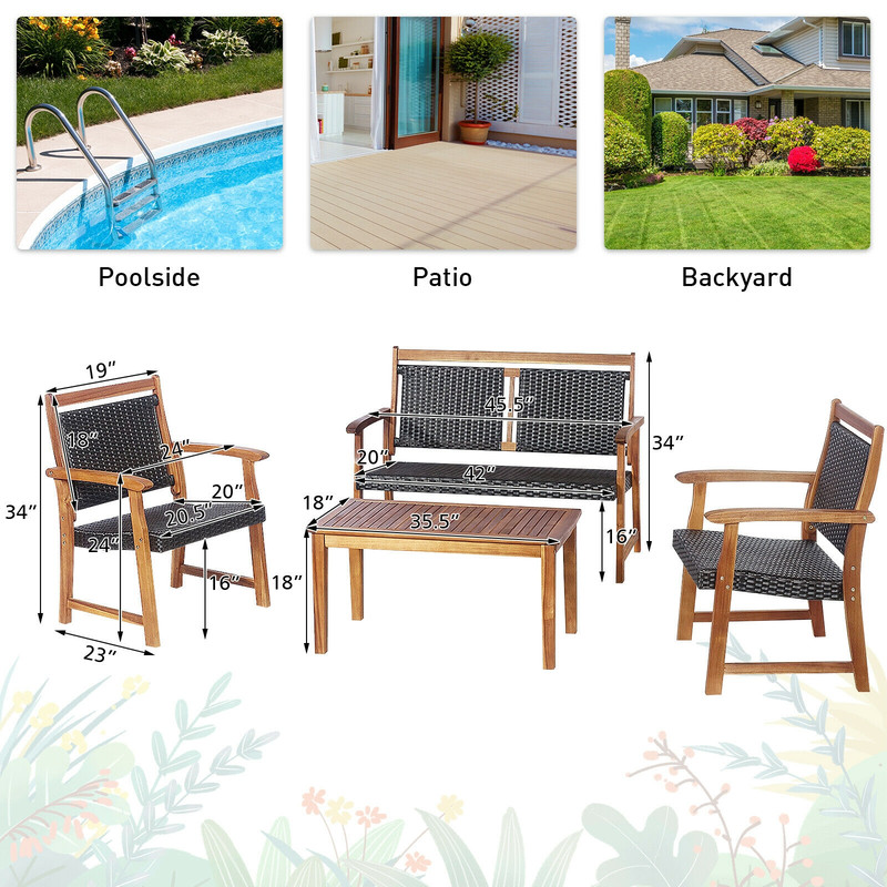 4Piece Outdoor Patio Rattan Furniture Sofa Set With Acacia Wood Frame Durable  Stylish 3