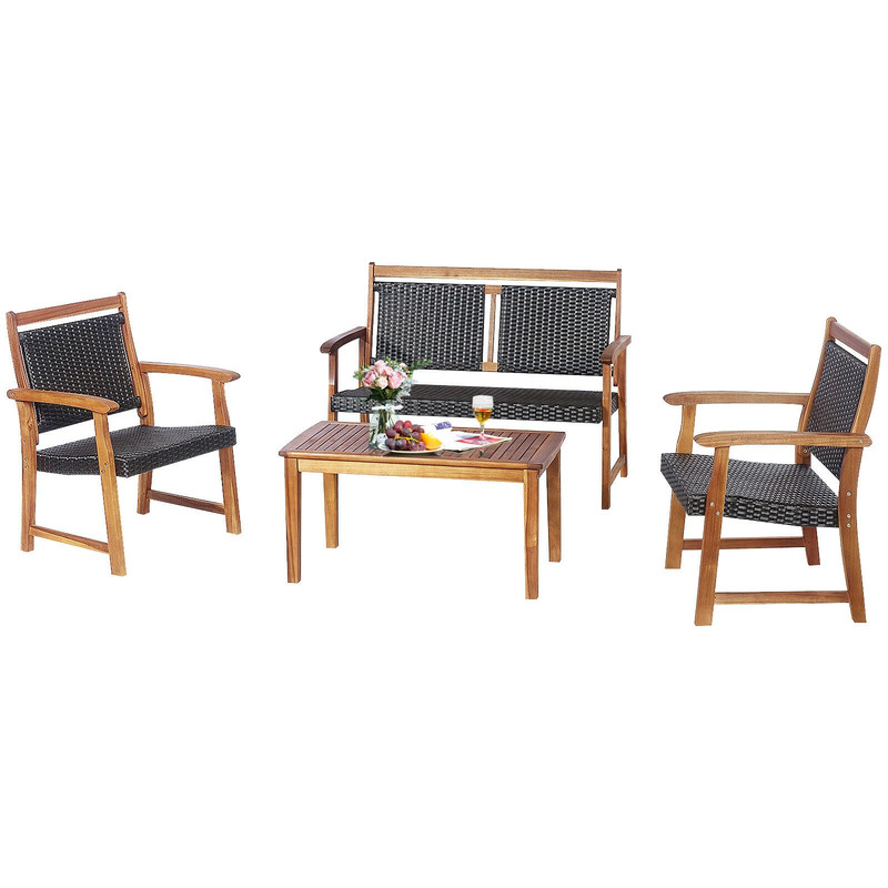 4Piece Outdoor Patio Rattan Furniture Sofa Set With Acacia Wood Frame Durable  Stylish 4