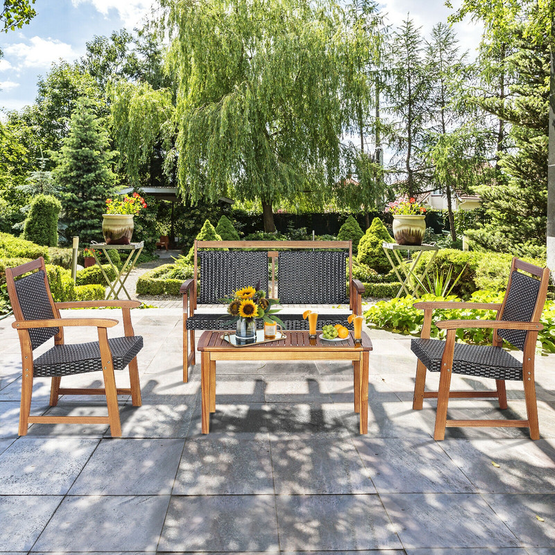 4Piece Outdoor Patio Rattan Furniture Sofa Set With Acacia Wood Frame Durable  Stylish 5