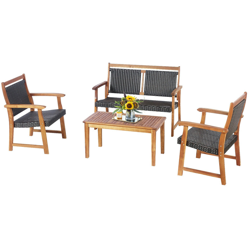 4Piece Outdoor Patio Rattan Furniture Sofa Set With Acacia Wood Frame Durable  Stylish 6