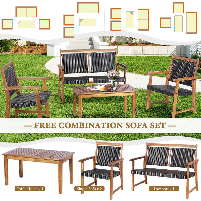 4Piece Outdoor Patio Rattan Furniture Sofa Set With Acacia Wood Frame Durable  Stylish 2