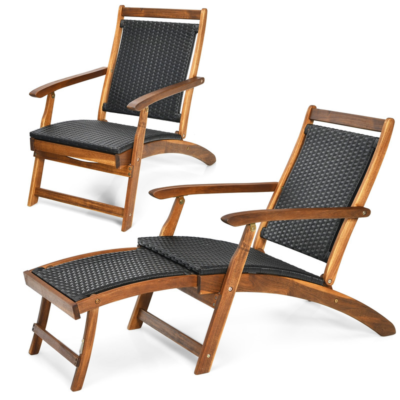 Acacia Wood Frame Folding Lounge Chair Adjustable Patio Rattan Chair With Retractable Footrest 5