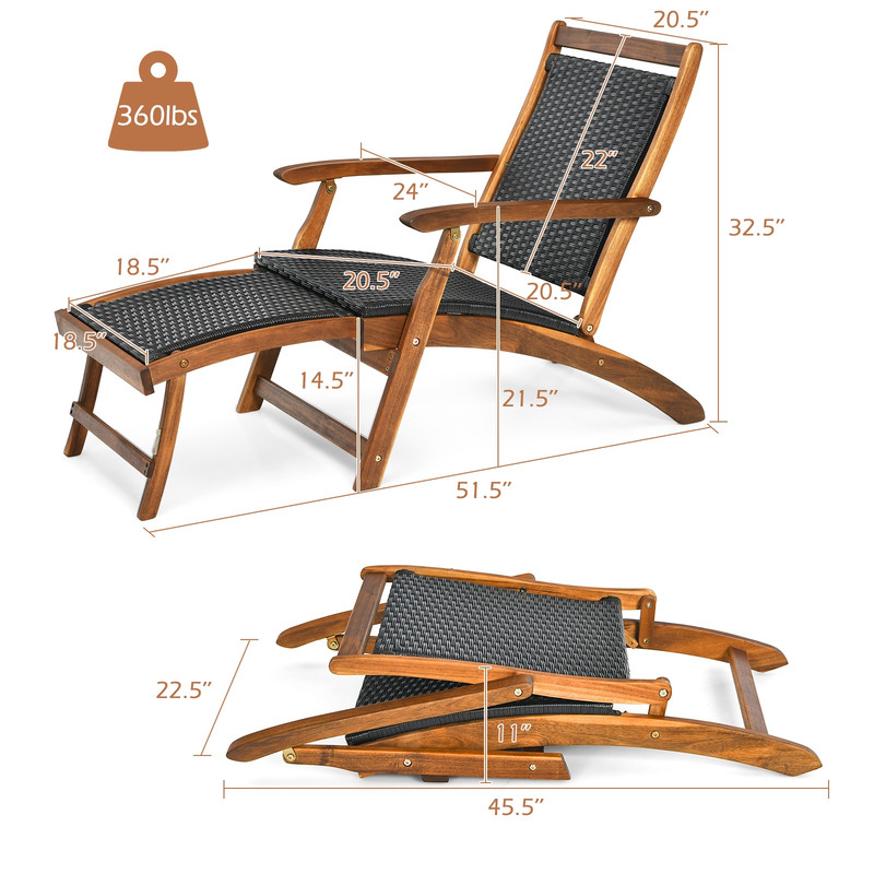 Acacia Wood Frame Folding Lounge Chair Adjustable Patio Rattan Chair With Retractable Footrest 6