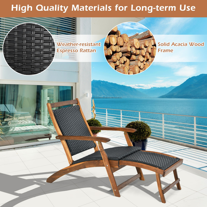 Acacia Wood Frame Folding Lounge Chair Adjustable Patio Rattan Chair With Retractable Footrest 2