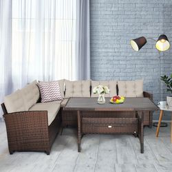3-piece hand-woven rattan outdoor sofa set with dining table, all-weather patio furniture