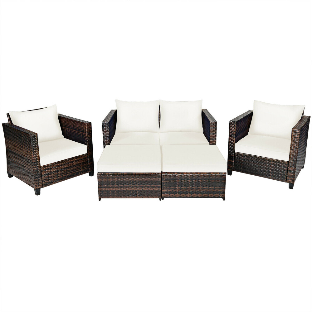 5Piece Patio Cushioned Rattan Furniture Set In White Outdoor Wicker Sofa Set With Ottomans 5