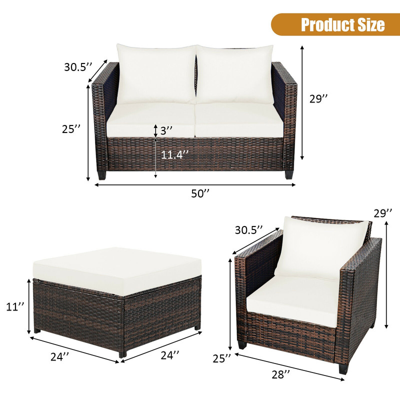 5Piece Patio Cushioned Rattan Furniture Set In White Outdoor Wicker Sofa Set With Ottomans 4