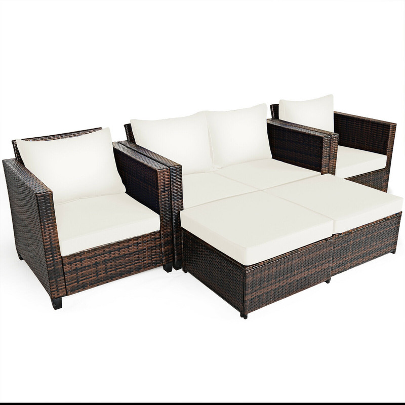 5Piece Patio Cushioned Rattan Furniture Set In White Outdoor Wicker Sofa Set With Ottomans 7