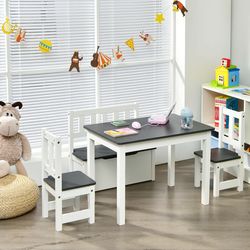 4-piece kids wooden activity table and chairs set with storage bench & study desk