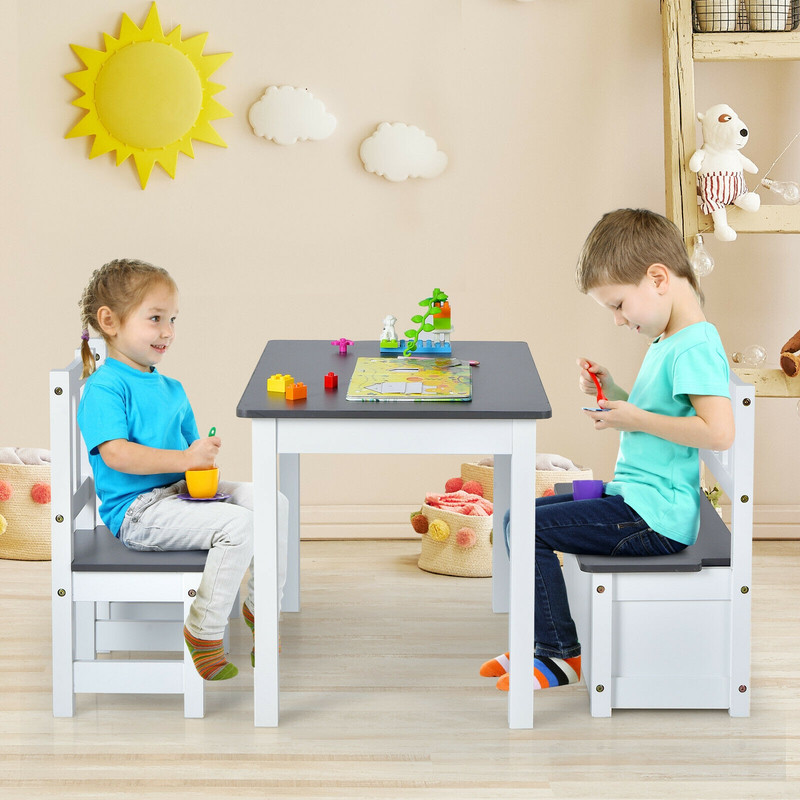 4Piece Kids Wooden Activity Table And Chairs Set With Storage Bench  Study Desk 3