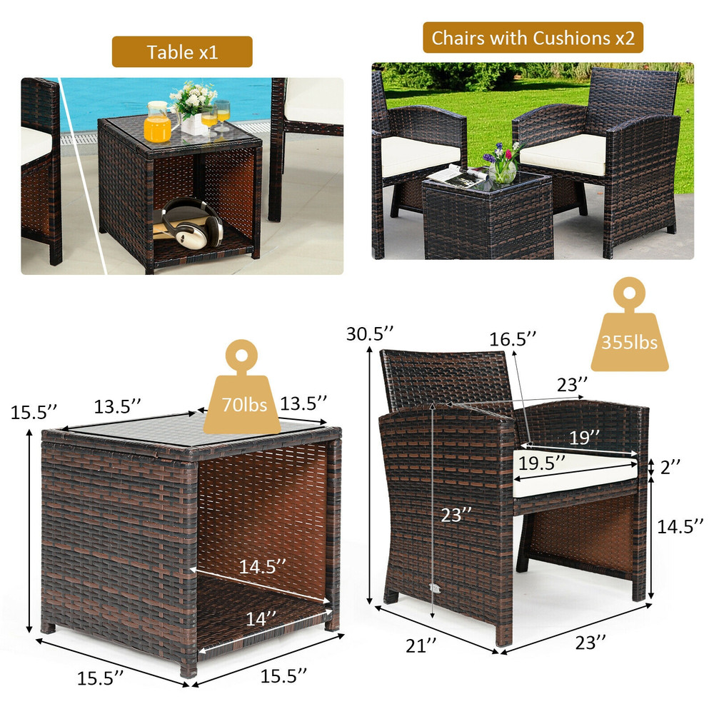 3Piece PE Rattan Wicker Furniture Set With Cushion Sofa  Coffee Table For Garden 5