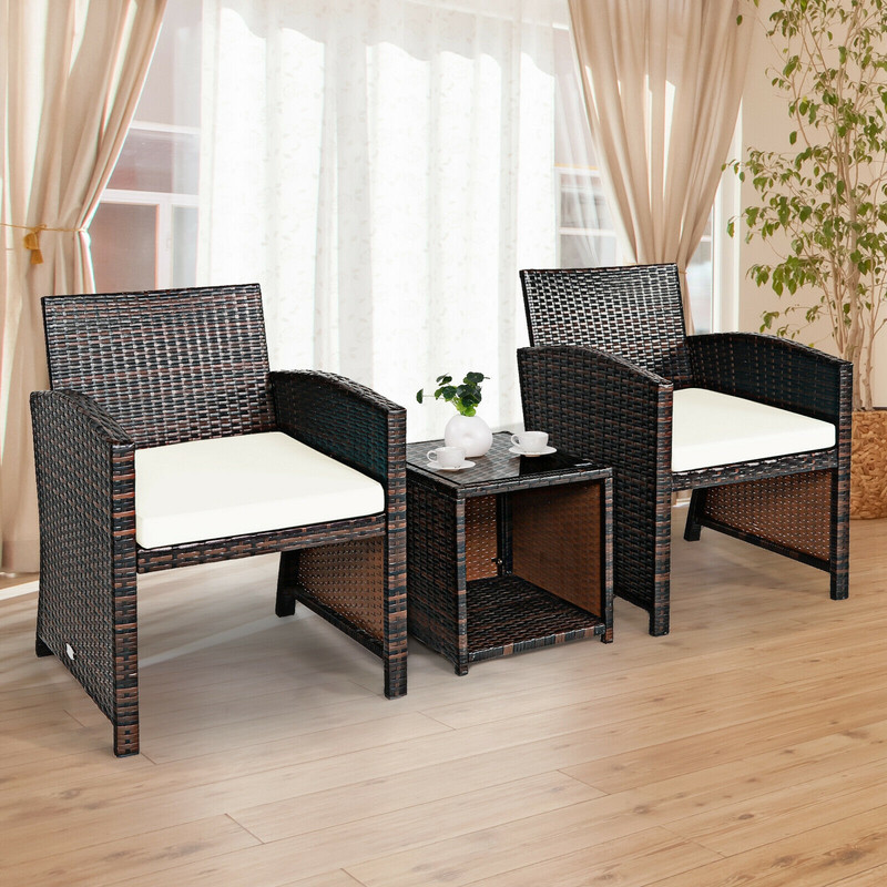 3Piece PE Rattan Wicker Furniture Set With Cushion Sofa  Coffee Table For Garden 2