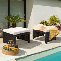 2 pieces patio rattan ottomans with soft cushion for patio & garden, weather-resistant & comfortable